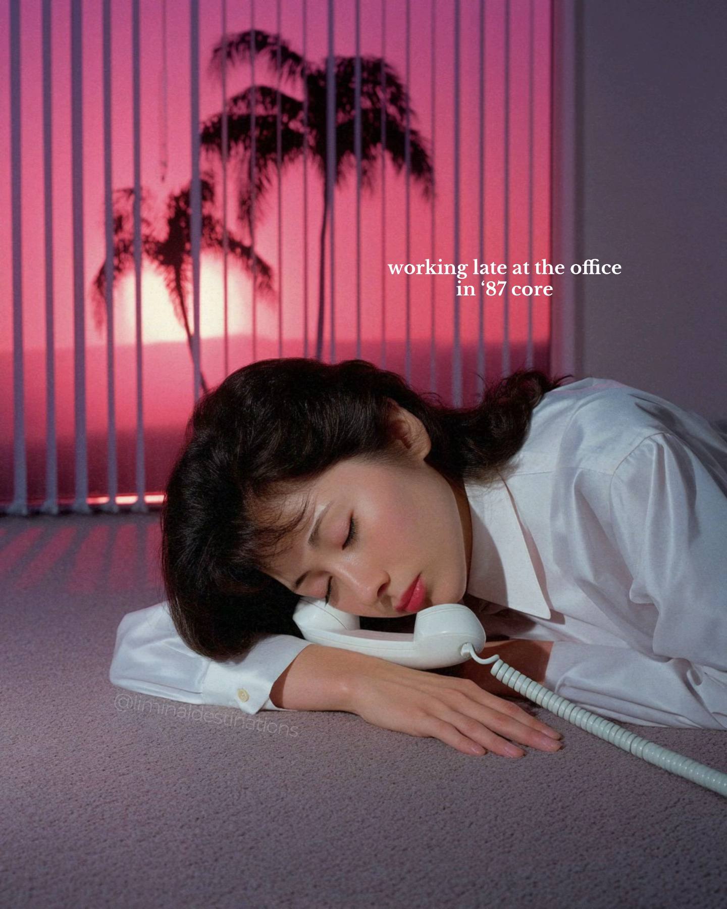 A post by @liminaldestinations on TikTok caption: Working late at the office in ‘87 core 🌙 🔗 to prints and shirts in bĩõ [AI]  #80s #1980s #interior #80sinterior #80sluxury #vaporwave #retro #vintage #liminal #aesthetics 