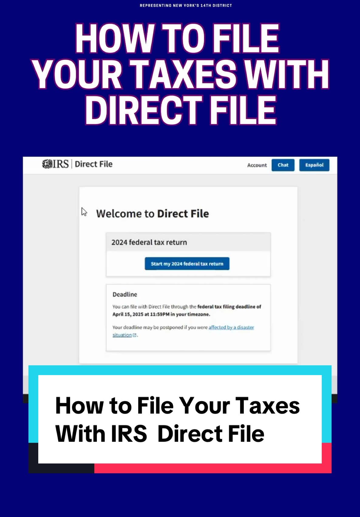 A post by @aocinthehouse on TikTok caption: Filing your taxes online is easy and FREE for New Yorkers who qualify through IRS Direct File! If you couldn't make our webinar, don't worry! Watch this quick guide to see how easy it is to file without paying a penny. Check your direct file eligibility: https://www.tax.ny.gov/pit/efile/direct-file/direct-file-eligibility.htm