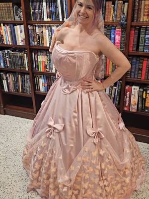 A post by @chimeracostumes on TikTok caption: i learned how to make butterfly shaped bows for this one #victorian #butterflies #pink #ballgown #fantasyball #romantasy 