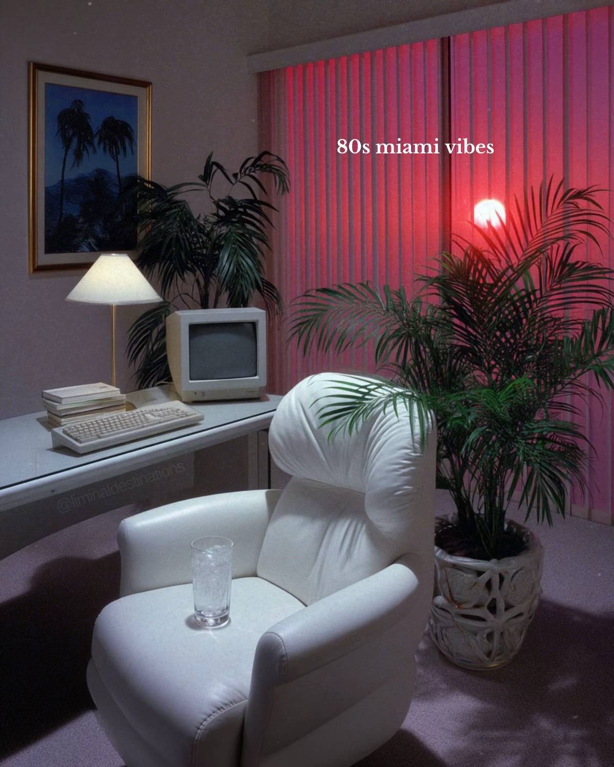 A post by @liminaldestinations on TikTok caption: 1980s Miami vibes 🌴 [AI] #80s #1980s #interior #80sinterior #80sluxury #vaporwave #retro #vintage #liminal 