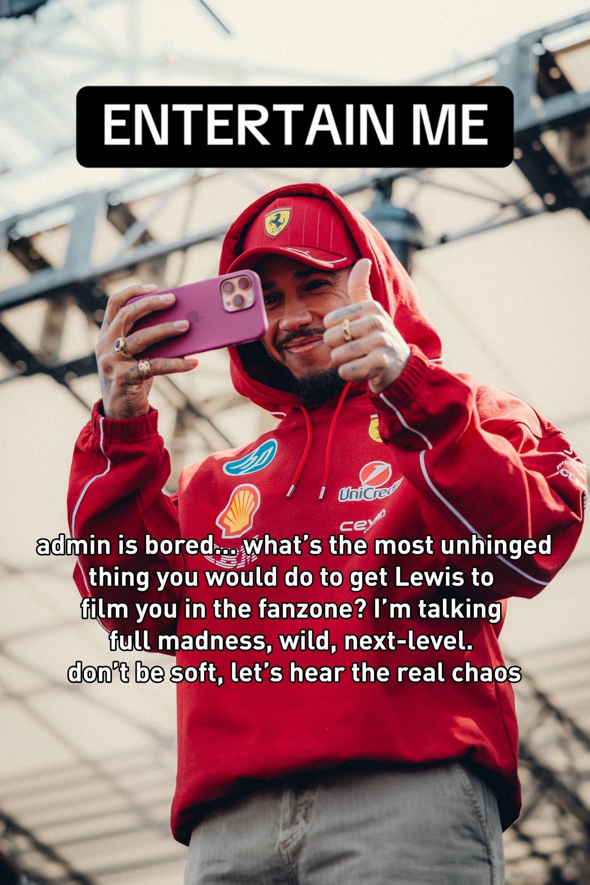A post by @puma on TikTok caption: Don’t hold back 🙂‍↕️ #PUMA #Motosport #LewisHamilton @Lewis Hamilton @ferrari #Ferrari 