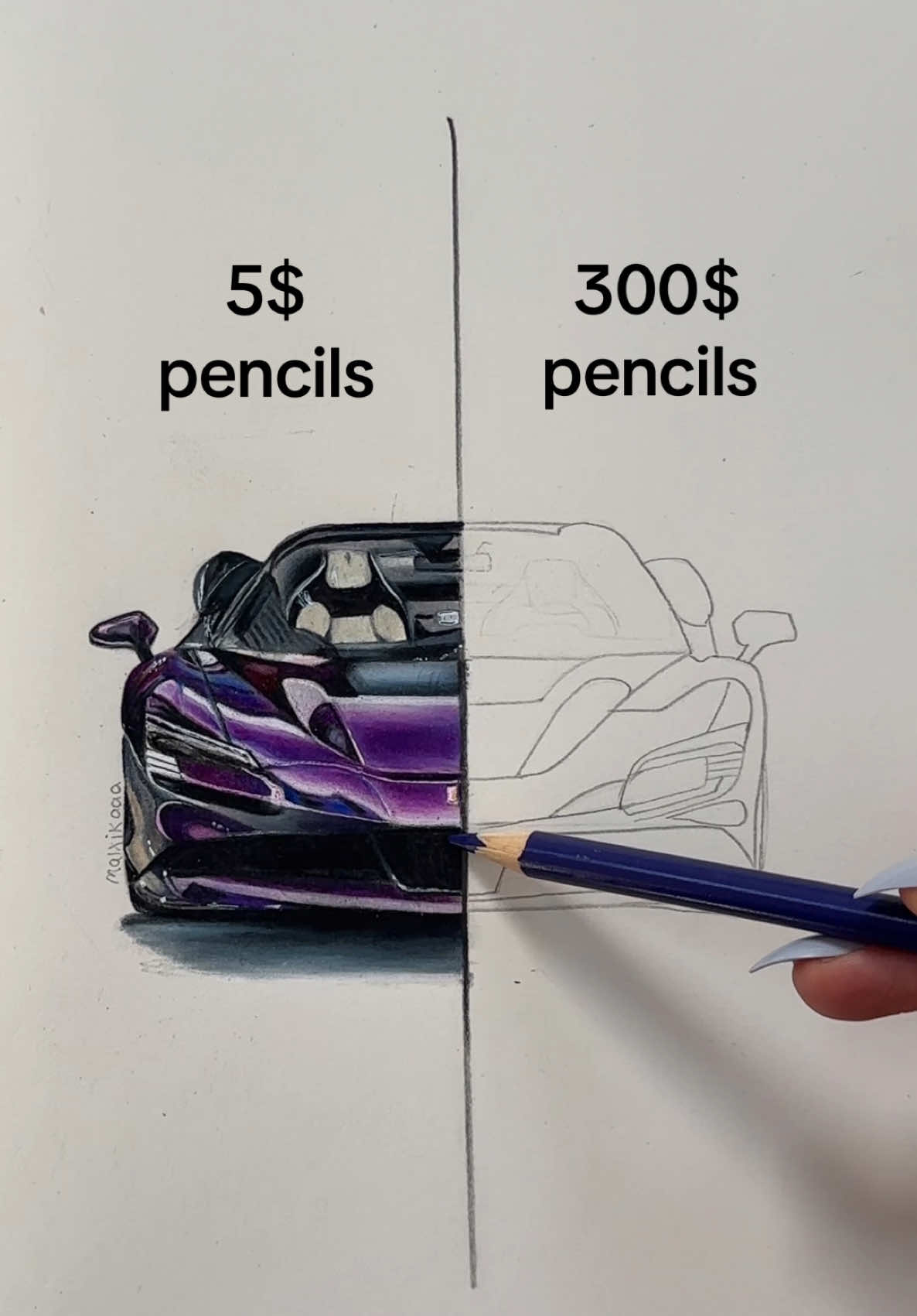 A post by @malxikaaa on TikTok caption: Cheap vs expensive pencils #drawing #art #pencils #asmr #draw #howtodraw 