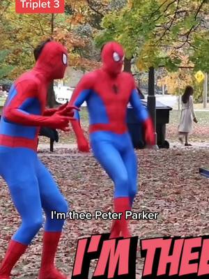 A post by @manchurektriplets on TikTok caption: When the Spider-Man debate ends with three identical Peter Parkers… leaving her questioning what universe she is in 😂 #comedy #triplets 