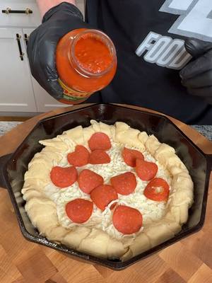 A post by @fooddudescook on TikTok caption: French Deep dish pizza #cheesepizza #pepperonipizza #Recipe