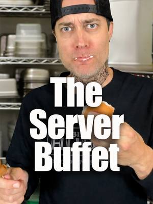 A post by @drew_talbert on TikTok caption: Okay, drop your go-to server buffet item in the comments (co-write w/ @andrea.kelley) #bistrohuddy #serverlife #restaurantlife #buffet