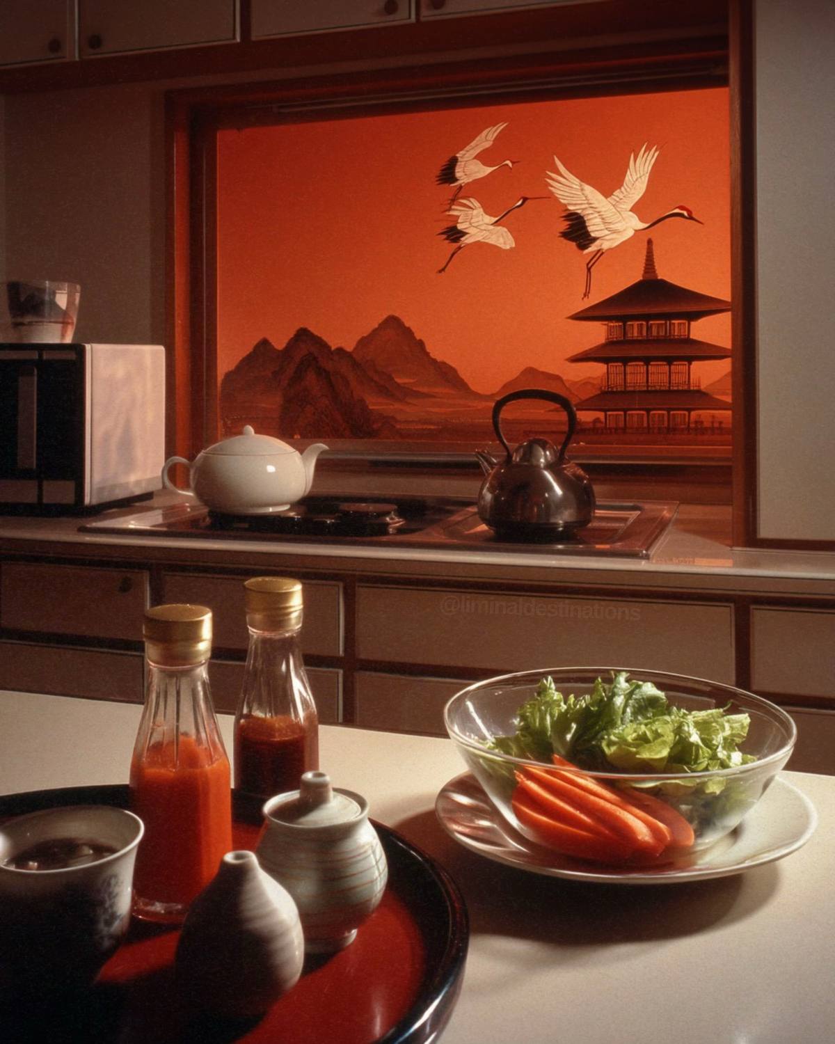 A post by @liminaldestinations on TikTok caption: It’s 1984 and you’re an artist living alone in Japan (with lots of baths) 🇯🇵 [AI] #80s #1980s #interior #80sinterior #80sluxury #vaporwave #retro #vintage #liminal #japan 