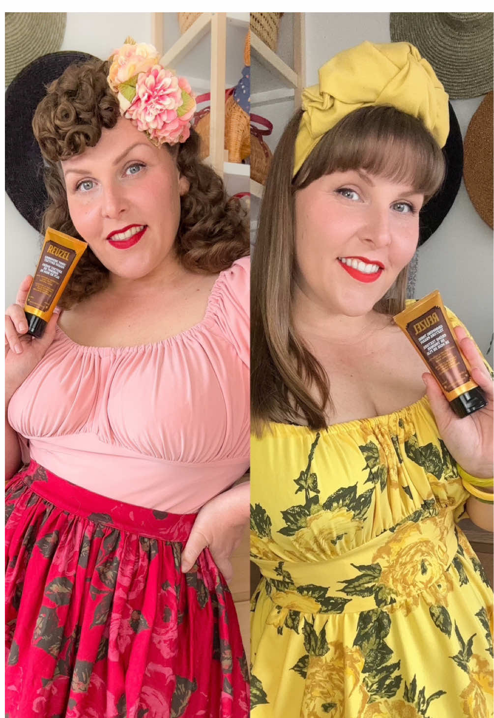 A post by @hollandschmeisje on TikTok caption: Concentration face while I do some serious experimenting! 😘I’ve been using the @Reuzel Pomade Grooming Tonic to set my curls for years, so I was excited to try out Reuzel’s new Grooming Tonic Texture Cream! I was pleased to find out has that same great smell and properties as the tonic.  Heat protection for my vintage girlies who use curling irons instead of curlers. Or in my case shaping my fringe. Providing light hold and a nice texture without making your hair feel heavy or greasy.  That beautiful shine and added taming of the frizz and flyaways.  I am definitely permanently adding it to my vanity.  #vintagehair #vintagehairstyling #vintagebrushout #reuzel 