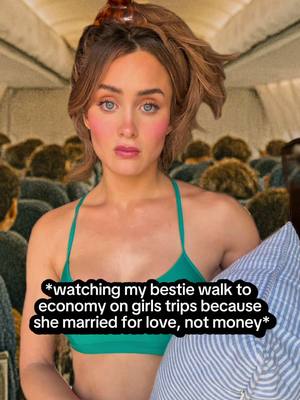 A post by @miadio on TikTok caption: I’m not going back there #economyclass #firstclass #bestie #comedy #satire #dating 