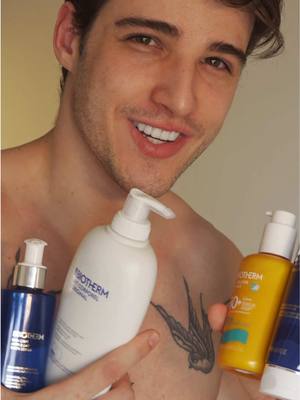 A post by @heypedroca on TikTok caption: Productos usados:  -Biocorps anti-roughness peeling scrub (esfoliante) -Biocorps anti-bump body serum (Serún para las imperfecciones) -Biotherm lait corporel (crema hidratante) -Biotherm waterlover sunmilk (protector solar) @COSMET  #mencare #SkinCare #selfcare #menskincare #skincareroutine #biotherm #CapCut 