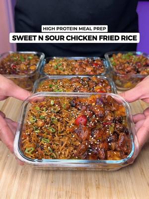A post by @jalalsamfit on TikTok caption: High Protein Sweet & Sour Chicken Fried Rice🍗🍚🔥 There’s NO REASON to be eating plain chicken and rice to lose weight! Packed with flavour and ideal for meal prepping big batches🤌🏽 Macros Per Serving (5 Total) 595 Calories | 50g Protein | 66g Carbs | 14g Fat Ingredients (Makes 5) Sweet n Sour Chicken - 1000g Boneless Chicken Thighs, cubed - 2 Tsp Black Pepper - 2 Tsp Onion Powder - 30g Minced Garlic - 100g Low Sugar Ketchup - 75ml Pineapple Juice (fresh preferably) - 20ml Rice Vinegar - 50g Dark Soy Sauce - 250g Fresh Pineapple, diced and cubed - 75g Red Onion, chopped - 75g Red Bell Pepper, chopped - 75g Yellow Bell Pepper, chopped - 75g Green Bell Pepper, chopped - 30g Honey • Spread chicken flat on lined sheet pan, mix in diced pineapples and peppers. Make sure it’s spread evenly and fully - use a big tray or cook in batches • Oven Bake or Air Fry for 25 to 30 mins at 200C/400F. The chicken should have a golden char, cook longer if needed Kimchi Fried Rice - 20g Reduced Fat Butter (for cooking) - 25g Garlic Cloves, finely chopped - 80g Green Onion, chopped (white part) - 150g Carrots, chopped - 3 Whole Eggs - 250g Uncooked Basmati Rice/600g Cooked - 40g Dark Soy Sauce - 100g Kimchi, chopped - 80-100g Kimchi Juice (from the jar) - 30g Green Onion, chopped (green part) - Garnish Sesame Seeds & Red Pepper Flakes • Cook garlic, onion and carrots on medium heat for 5-6 mins till soft and fragrant • Once you add the rice and sauces, mix thoroughly till each grain of rice is coloured. Add extra soy sauce if needed Don’t forget to check out my Digital Cookbooks with 230+ Delicious High Protein Recipes!👨‍🍳❤️📖 . . . . #sweetandsour #sweetandsourchicken #chinesefood #takeaway #highprotein #mealprep #healthyrecipes #weightloss #Foodie #mealprepideas #friedrice #chickenfriedrice #chickenrecipes #macrofriendly #jalalsamfit 
