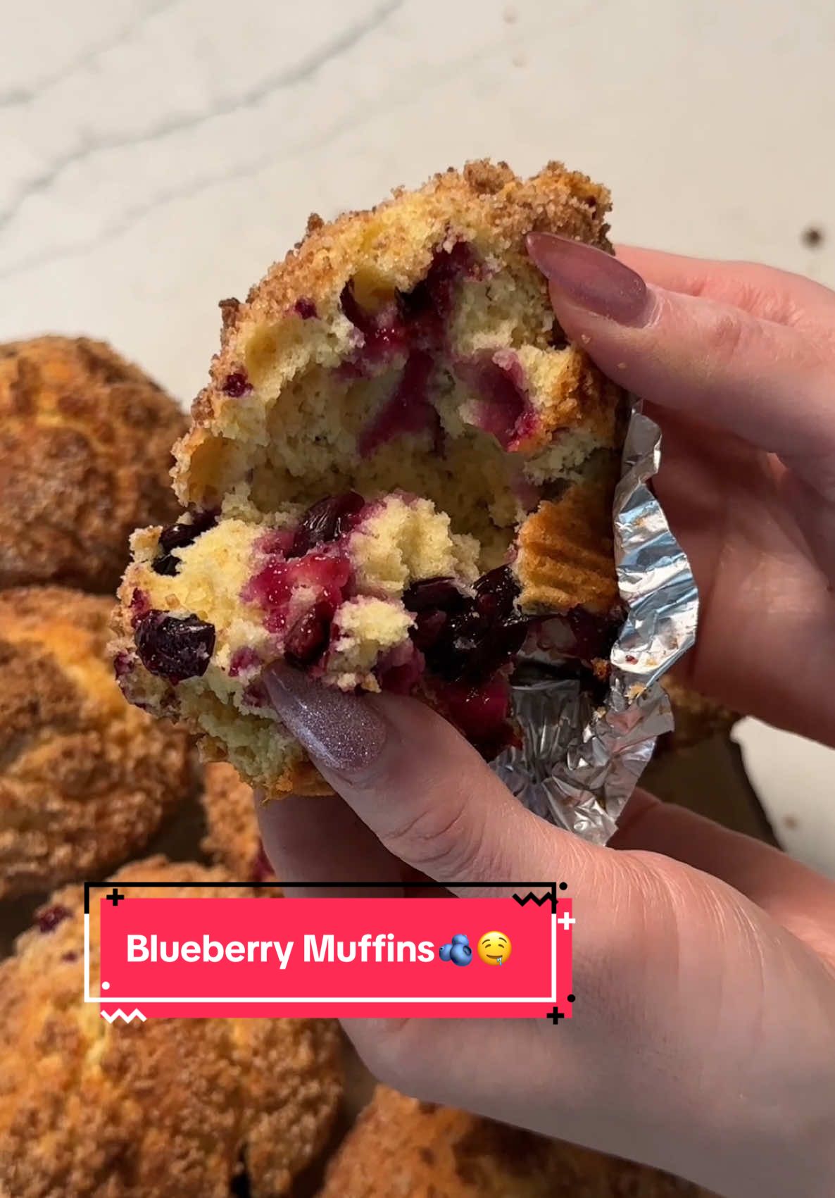 A post by @arielwinter on TikTok caption: Ok guys I promise I didn’t eat the foil so don’t come for me!!! Blueberry🫐 Streusel✨ Muffins🤤 Recipe by Culinary Hill  2c Flour 1c Sugar 2tsp Baking Powder 1/2tsp Salt 2 Eggs 1/2c Milk 1 tsp Vanilla 1/2c Butter— melted Blueberries— washed and drained!  Streusel Topping: 1/4c Flour 1tbsp Light Brown Sugar 1tbsp Dark Brown Sugar 2tbsp Sugar Cinnamon Salt 2tbsp Butter— cold, cut into cubes Preheat your oven to 400 degrees. While it heats, line your muffin pan with liners! In a large bowl, sift together the flour, sugar, baking powder and salt. In a separate bowl, whisk the eggs until smooth. Add in the milk, vanilla and butter and whisk until well combined. Add egg mixture to the flour bowl and stir until combined. The dough will look kind of lumpy and that’s okay!!! Add in the blueberries and combine. Next, prepare your streusel topping✨In a separate bowl, combine flour, dark brown sugar, light brown sugar, granulated sugar, cinnamon and salt. Then add in the cold butter and use a pastry cutter until the topping is crumbly and coarse. Fill each muffin cup about 3/4 of the way with batter and top each one with streusel. Bake for about 18-22 minutes, until a tooth pick inserted in the middle comes out clean and the tops are puffy! Enjoy your muffins!!!! 