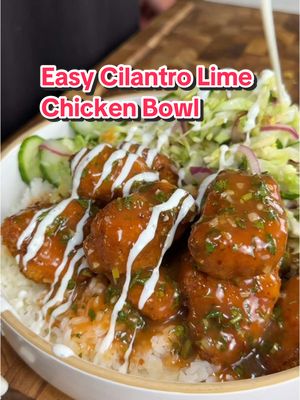 A post by @ice.karimcooks on TikTok caption: Save this ‼️ Crispy Cilantro lime chicken with a spicy cabbage slaw 😍 (recipe 👇🏽) EXQUISITE EATS!!! My debut cookbook is now available!!! 85+ delicious and healthy recipes to help you achieve your goals! L1n-k 1N b-10 🙌🏼❤️ Macros per bowl with 1 cup rice per serving (x2) approx. 553 Calories  |57g P | 55gC | 10g F  Ingredients: 1lb Chicken breast boneless skinless cut into bite size pieces  Salt & Pepper, to taste🧂  1/2 tsp garlic powder 1/2 tsp onion powder 1/4 tsp cayenne To dredge Flour / cornstarch (50:50 ratio) Egg 🥚  Cornflakes bread crumbs Air fry 385°f for 12-14 mins! For the sauce: In a pan add 1 tbsp butter 🧈  1 tsp cumin 3-4 minced garlic cloves 1/4 cup lime juice 2 tbsp honey 🍯  3 tbsp ketchup 🍅  1-2 tbsp sriracha 🌶️ 1/2 cup water + 1 tbsp cornstarch 💦 Chopped cilantro 2-3 tbsp  Spicy cabbage slaw: 1 large Cucumber 🥒  3 cups cabbage 🥬  1/2nred onion finely sliced  1-2 Serranos (optional)  2 tsp honey  1 Lime juice + zest 🍋‍🟩  2-3 tbsp Rice vinegar salt, 1/2 tsp Taste and adjust sweet, salty, and tangy levels!  To serve: Cooked white rice 🍚  (optional) Yogurt ranch (optional)  Enjoy 😍 . . . . #icekarim #healthyrecipes #easyrecipes #mealprep #quickrecipes 