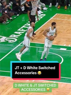 A post by @nba on TikTok caption: JT & D White really switched accessories with each other 😂😂 @Boston Celtics #NBA #Basketball #BostonCeltics #JaysonTatum #DerrickWhite 