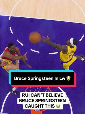 A post by @nba on TikTok caption: Bruce Springsteen is in LA 🙌🌟 @Lakers #NBA #Basketball #RuiHachimura #LosAngelesLakers 