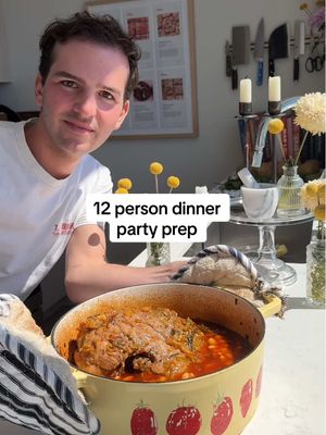 A post by @ryannordheimer on TikTok caption: 12 person dinner party 🌸 comment “recipe” and I’ll send it to you. recipes are also below.  grapefruit pavlova 🍊 1. Whisk 6 egg whites in a stand mixer with 2 tsp lemon juice, 1 tsp salt. Increase speed to high. Stream in 2 cups granulated sugar. Whisk until stiff peaks. Then whisk in 1 cup powdered sugar, 2 tsp rose extract, and continue beating until stiff peaks.  2. Pipe or spoon a pavlova design on a baking sheet. Bake at 300F for 2 hours. Then let cool in the turned off oven for 1 hour.  3. In a medium pot, whisk 1/3 cup sugar, 1/2 tsp salt, 1 tbsp grapefruit zest, 4 egg yolks + 1 egg. Then whisk in 3/4 cup grapefruit juice. Whisk over medium heat until thick. Pour into a container, stir in 1 tbsp butter. Let cool.  4. Whip 2 cups cream, 8oz mascarpone, 1 tbsp vanilla, 1/3 cup powdered sugar, 1/2 tsp salt until stiff peaks.  5. Fill pavlova with curd, then cream, then fruit and mint.  sheet-pan chicken marbella 🍗 1. Add 3-4 lbs bone in skin on chicken thighs/breasts to a bowl. Add dates, 3 leeks halved and washed, apricots, capers, olives, 1/4 cup olive oil, 2 tsp salt, pepper, juice of 2 lemons, 2 bay leaves. Toss and marinate for up to 24 hours.  2. Transfer to sheet pan. Mix 1/2 cup wine with 2 tbsp honey. Baste over chicken. Bake at 425F for 45 minutes. Basting halfway through.  braised leg lamb of lamb with harissa beans 🐑 1. In a dutch oven, saute 2 sliced and washed leeks in 2 tbsp olive oil until tender. Then stir in 1/2 chopped lemon, 1/4 cup harissa, 6 minced garlic. Season with salt. Add seasoned 5lb. Boneless leg of lamb. Then add 2 cups white wine. Bring to a simmer.  2. Transfer to a 300F oven for 2.5 hours. Basting every hour. Then uncover, add in 2 cans of drained white beans, increase oven heat to 425F and cook for another 30 minutes.  . #ryannordheimer #recipe #viral #lamb #chicken #easychicken #privatechef #aesthetic #comfort #cookbook #comfortfood #ranch #easydinneridea #nyc #newyork #pavlova #grapefruit #protein #nycfoodie #nycfoodblogger #nycfood #creator #dinnerparty #beans #glutenfree #leeks #spring #springrecipe #lemoncurd #flowers
