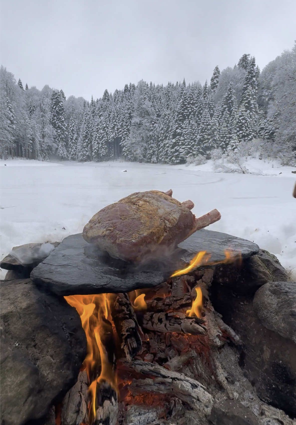 A post by @karadenizli.maceraci on TikTok caption: Doğal Taş Üzerinde Dana Pirzola ❄️🥩 Cooking veal chops on natural stone  #outdoorcooking #outdoors #snow #nature #cooking #cookingvideo #camping #wilderness #meat #asmr #asmrsounds #bushcraft #survival #foodvideos #yummyfood #outdoor 