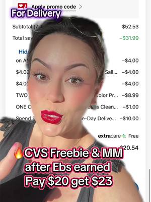 A post by @couponing4beginners on TikTok caption: 🔥CVS Delivery freebie after extra bucks earned! Pay $20 out of pocket Get $23! Extra bucks count against threshold! Must be out of pocket! #cvs #couponer #save #shop #deals #digitaldeals #learntocoupon #couponing4beginners  #greenscreen 