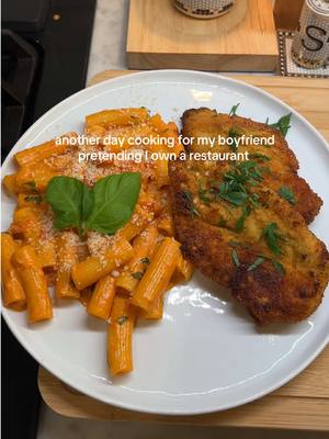 A post by @claudia.harrington on TikTok caption: Welcome back to tonight’s episode - on the menu is chicken cutlets (shocker) and vodka sauce 🍝 #glutenfree #glutenfreecooking #cookingasmr #penneallavodka #vodkasauce #easydinner #aestheticdinner #cookingathome #familydinner 