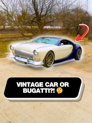 A post by @supercarblondie on TikTok caption: When you can't decide if you want a vintage car or a supercar... 😳  @dron_plastilin #bugatti #hypercar #creation