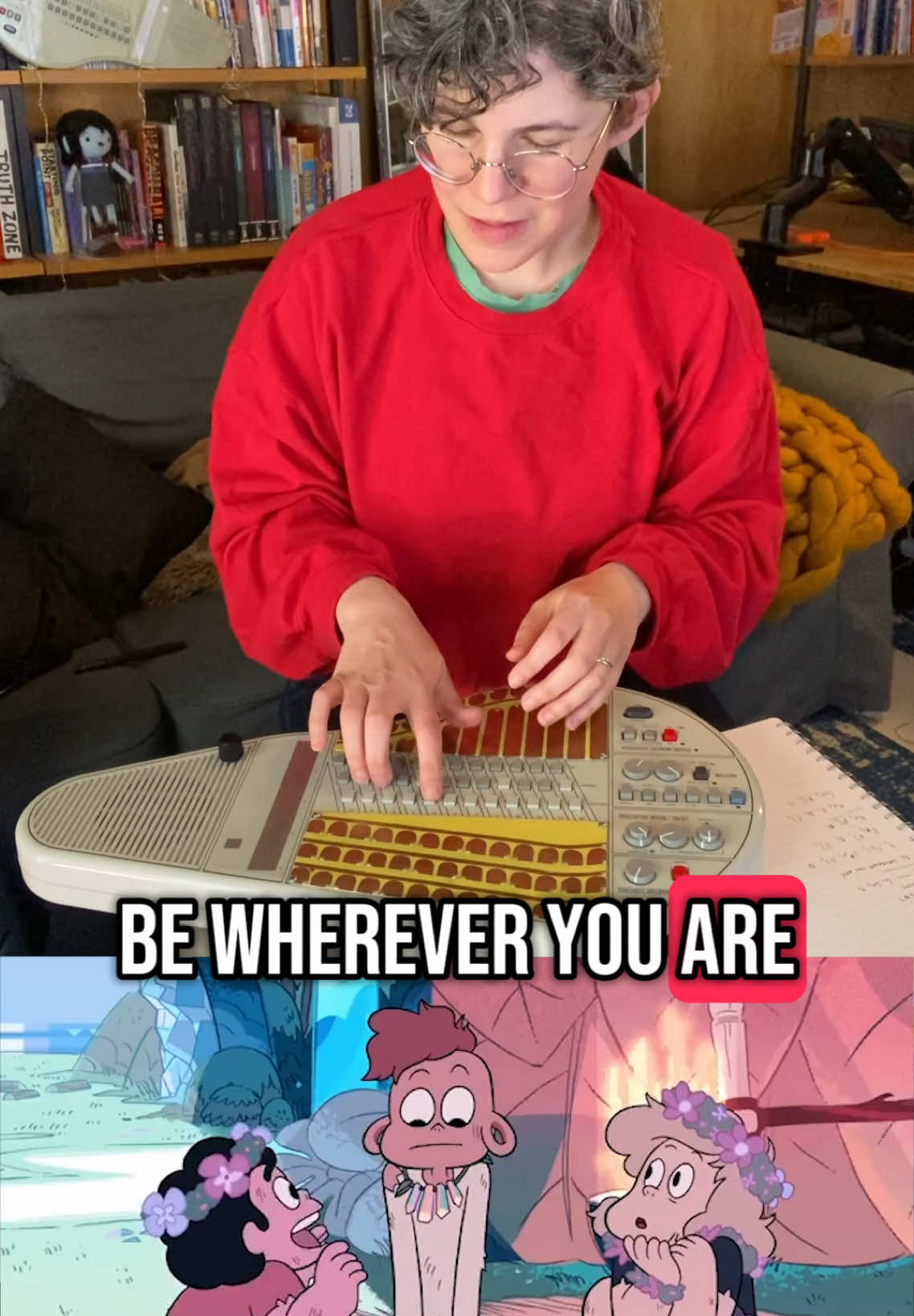 A post by @rebeccasugar on TikTok caption: I wrote this song on an artist retreat in the mountains the same weekend Steven Universe began airing on TV. I was so worried about the show, about getting my work done and getting this song done, I couldn’t enjoy the scenery at all! When I realized that, this song flowed right out. #StevenUniverse #omnichord #animation 