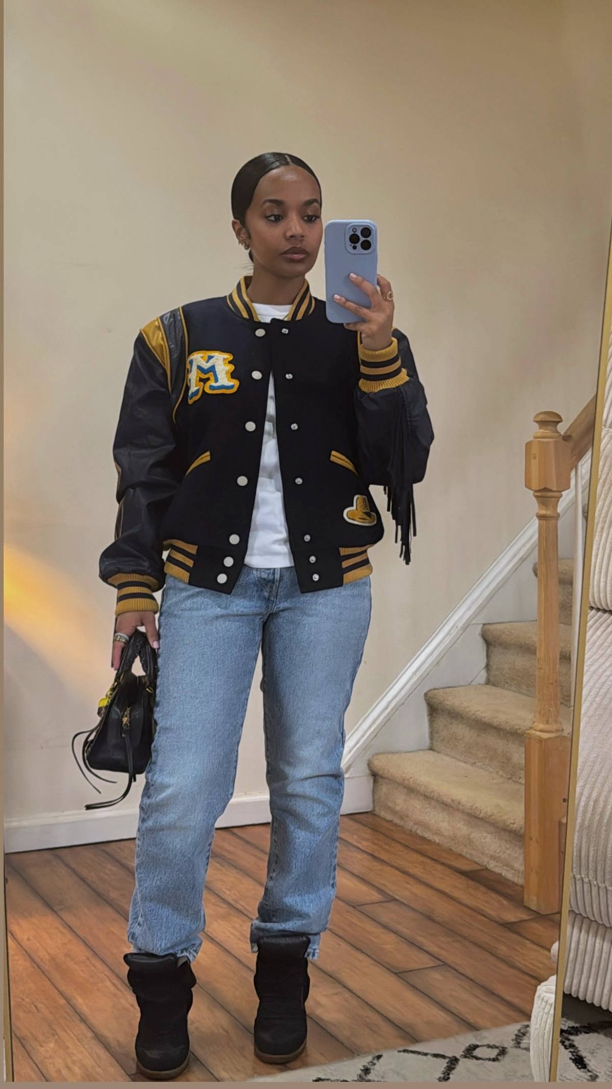 A post by @denahabib1 on TikTok caption: me and fly jackets are a never ending love story!💙⭐️👖🍯 #habeshatiktok #blackgirlmagic #fashion #fashiontiktok #fypシ #ootdinspo #ootdfashion #outfitideas #fitcheck 