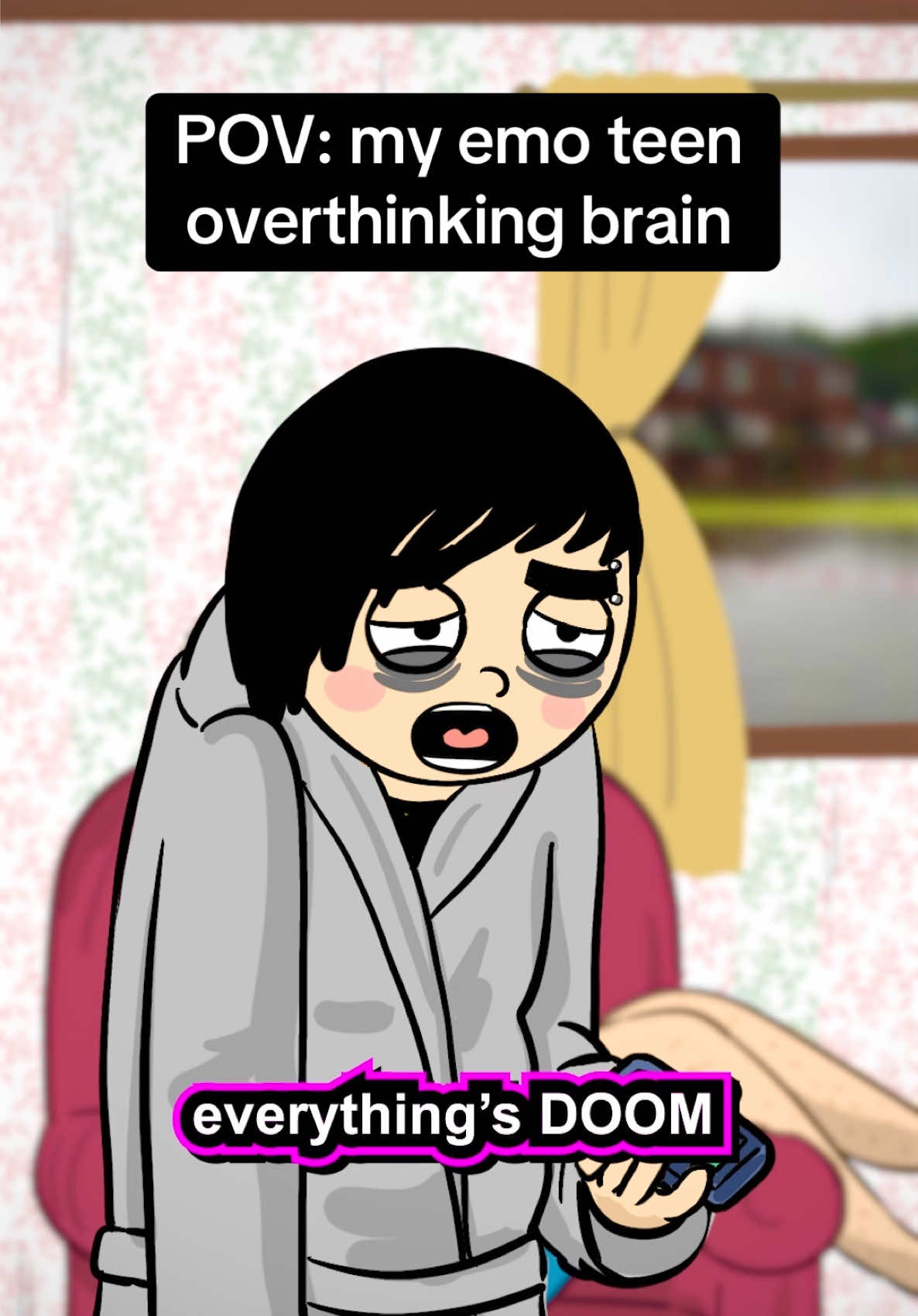 A post by @lewishancoxfilms on TikTok caption: Not the emo meltdown dressing gown… #emo #2000s #millennial #animation #cartoon #comedy #lgbt #anxiety #y2k #fyp 