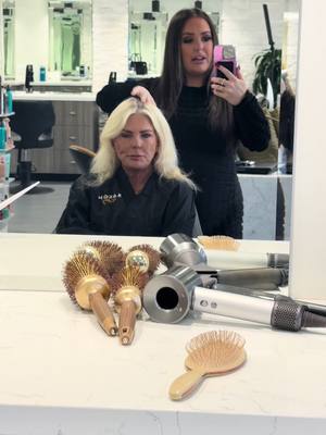A post by @hairby_savannahbrooks on TikTok caption: My fav client my mommy 🥹🫶🏼✨ #sandiego #sandiegohairstylist #foryoupage #salonesby #framar #k18 #ghd #bellamihairpro #tapeinextensions #nodaysoff 