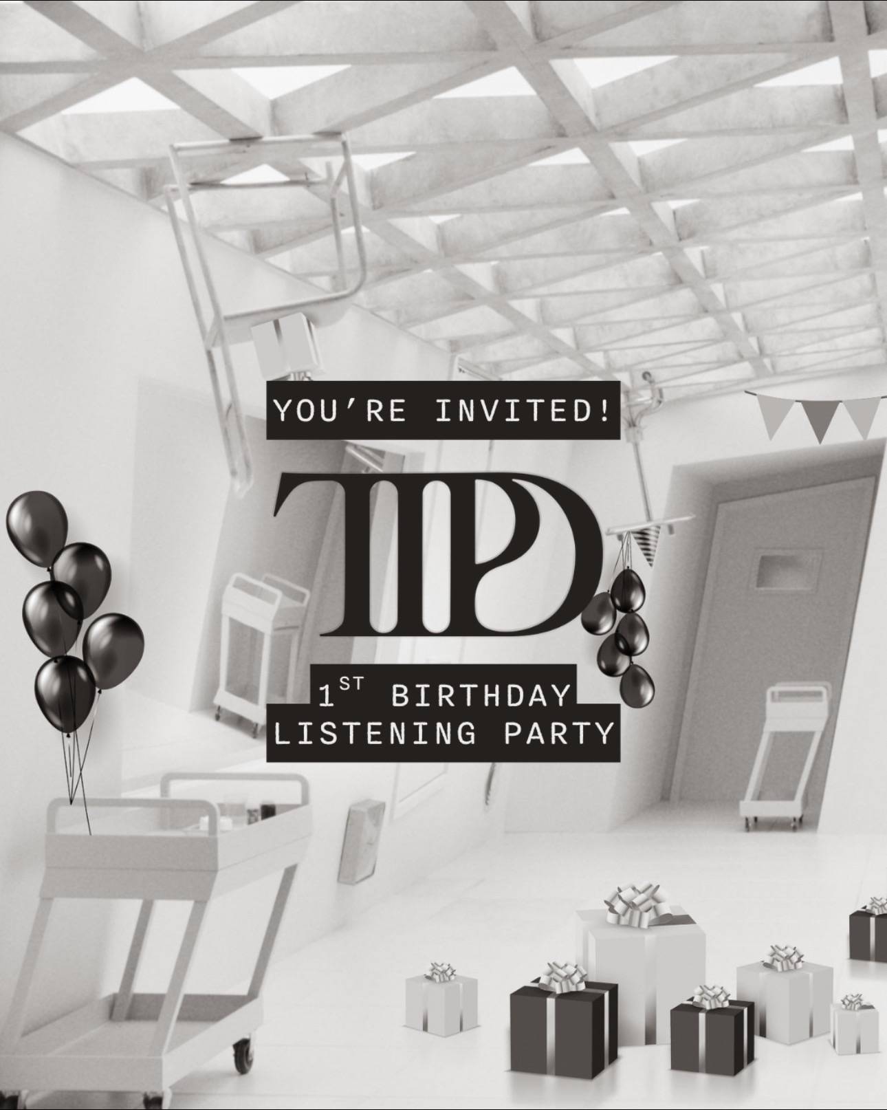 A post by @taylornation on TikTok caption: You wouldn't last an hour in the asylum where they raised us. But we’ve opened up visiting hours for a #1YearOfTSTTPD birthday party! Crash the party on @Stationhead tomorrow at 1pm PT/4pm ET as we listen to The Anthology on the Swifties Channel! 📁