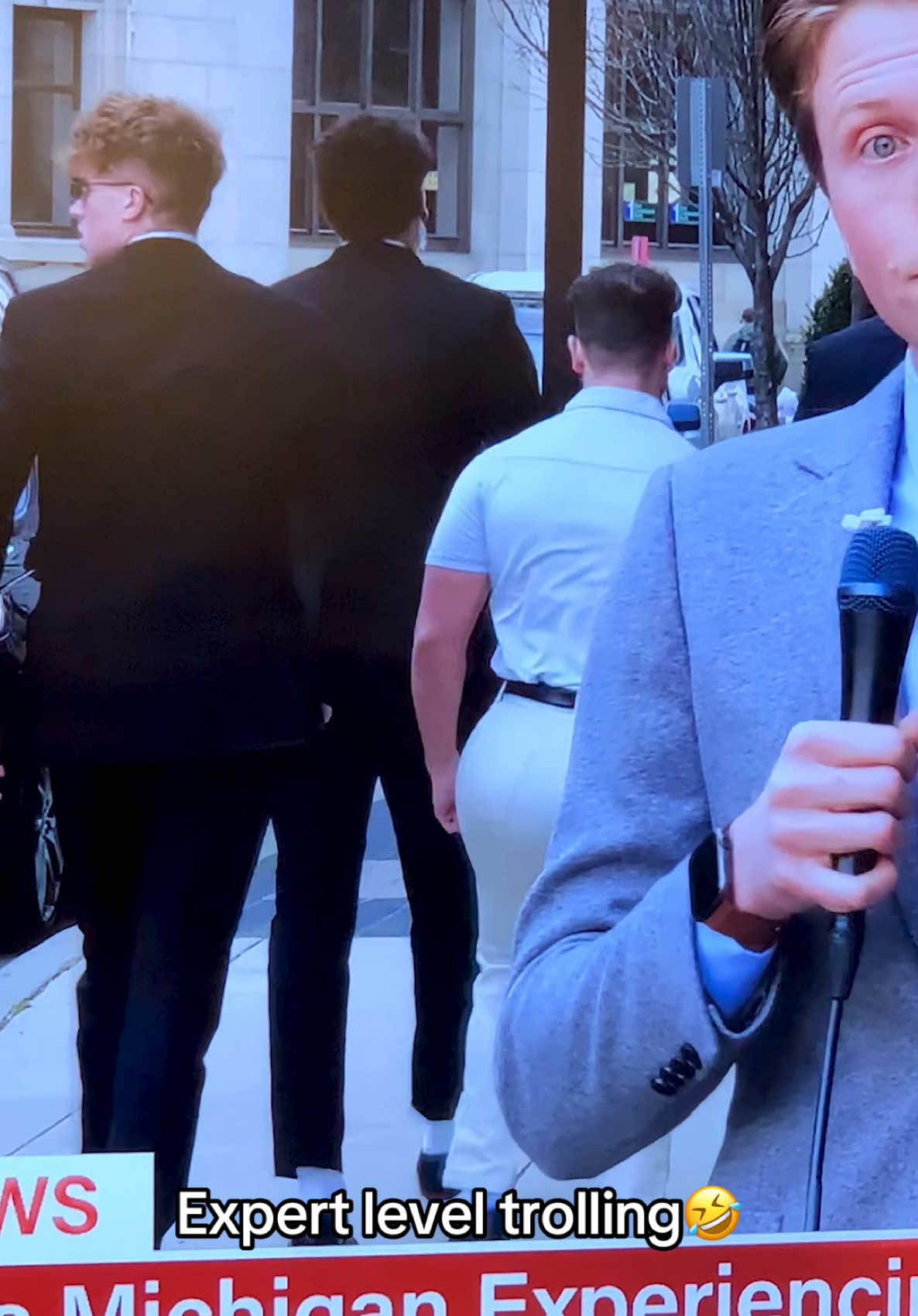 A post by @frankielapenna on TikTok caption: Bro lost his composure on live tv #lol #gyat #troll #ayo #trolling #prank #gyatt #security #grandrapids #wtf 
