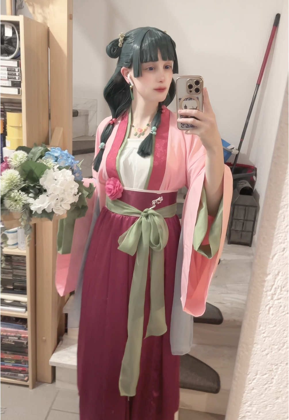 A post by @ on TikTok caption: COSTEST FOR SHOOTING ON SATURDAY ✨🌸💐 #maomao #maomaocosplay #maomaoxjinshi #maomaotheapothecarydiaries #apothecarydiaries #uwowocosplay 
