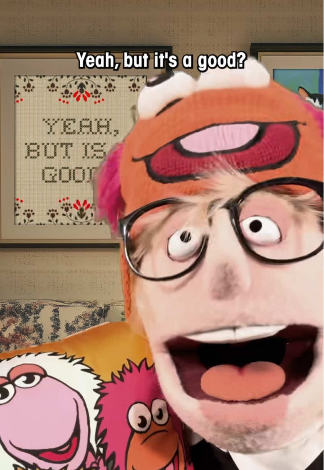 A post by @jimhensoncompany on TikTok caption: Hi friends! This is Janet from Yeah, But Is It Good? with a new review of my latest purchase: a pillow from the Fraggle Rocks. Yeah, it’s very cute, but Is It Good? Join me to find out! Oh, I got it at shop.Henson.com!   #JimHensonCompany #FraggleRock ##Labyrinth ##DarkCrystal #Farscape  DISCLAIMER: This is an ad disguised as a parody of an ad for a new online store: shop.Henson.com.  This is a promotional message made entirely by puppets and is not associated with any fitness or cosmetic products.