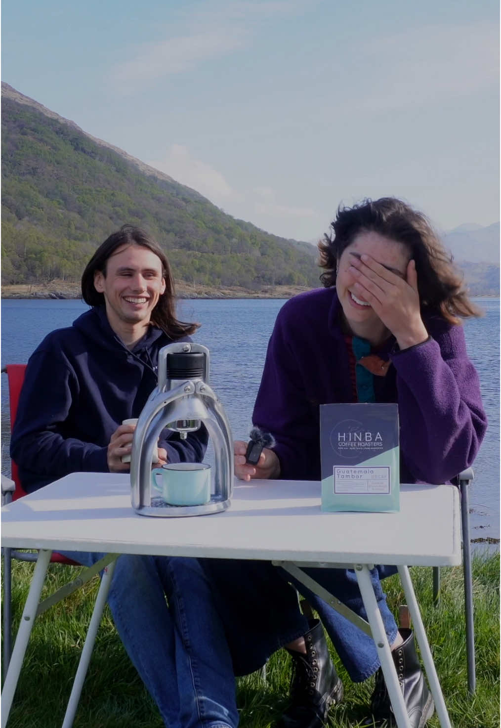 A post by @harrieeb on TikTok caption: If you just so happen to fancy watching us goofs natter at you whilst laboriously and lovingly making a cup of Hinba coffee with a stellar view in the background… then you’ve come to the right place! Watch ✨The Coffee Show✨ over on YouTube now - link in bio ☕️ #explorescotland #coffeeroaster #specialitycoffee #scottishfoodie #vanlifescotland #vanlifetravel 