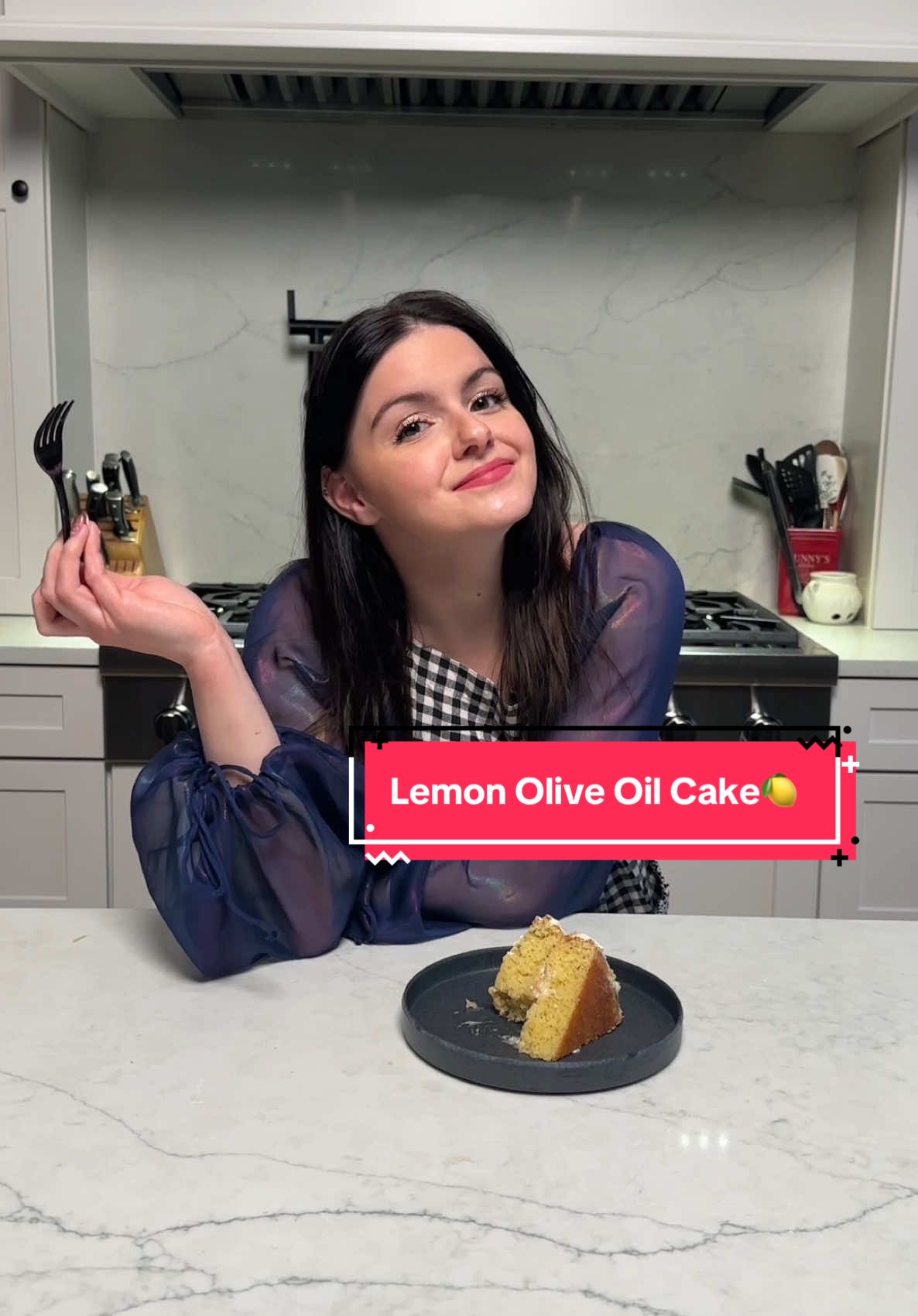 A post by @arielwinter on TikTok caption: I may be biased because I loveeee lemon but you guys have to try this!! Perfect dessert for an Easter gathering 🫶🏼🍋 Lemon Olive Oil Cake! Recipe by @Modern Honey  Cake: 1c Olive Oil 1 1/3c Whole Milk 3 Eggs Fresh Lemon Zest 1tbsp Fresh Lemon Juice 2c Sugar 2c Flour 1tsp Baking Powder 1/2tsp Baking Soda 1tsp Salt Frosting: 1/2c Butter— softened 8oz Cream Cheese— softened 4c Powdered Sugar 1tbsp Lemon Juice— fresh 1/2tsp Almond Extract Lemon Zest 1.5tsp Vanilla Bean Extract Garnish: Mint Blackberries Preheat your oven to 325 degrees and grease two 9in cake pans. Cut 2 circular sheets of parchment paper and place them flush in the bottom of your cake pans. In a large mixing bowl, add oil, whole milk, eggs, lemon zest and lemon juice. Cream together. In a large bowl, add sugar, flour, baking powder, baking soda and salt. Stir into egg mixture and fold it in. Pour batter into the baking pans. Place into the preheated oven and bake for 30-36 minutes or until a toothpick inserted into the middle of each one comes out clean. If you use 3 8-in pans, bake for 20-26 mins! When they are done baking, remove them from the oven and let them cool! Frosting: In a large mixing bowl, cream together butter and cream cheese for about 5 minutes until light and fluffy. Make sure to scrape the sides of the bowl down often. Add the powdered sugar, lemon juice, vanilla, almond extract, and lemon zest and mix. Then chill.  After the cakes have cooled (I didn’t have a ton of time to let mine cool but let yours cool!!!), spread frosting on top of one of the cooled cake layers. Place the second layer on top and spread frosting all over. Garnish with blackberries and mint! Cut a slice and enjoy :) #creatorsearchinsights #springrecipes #lemonoliveoilcake #springbaking 