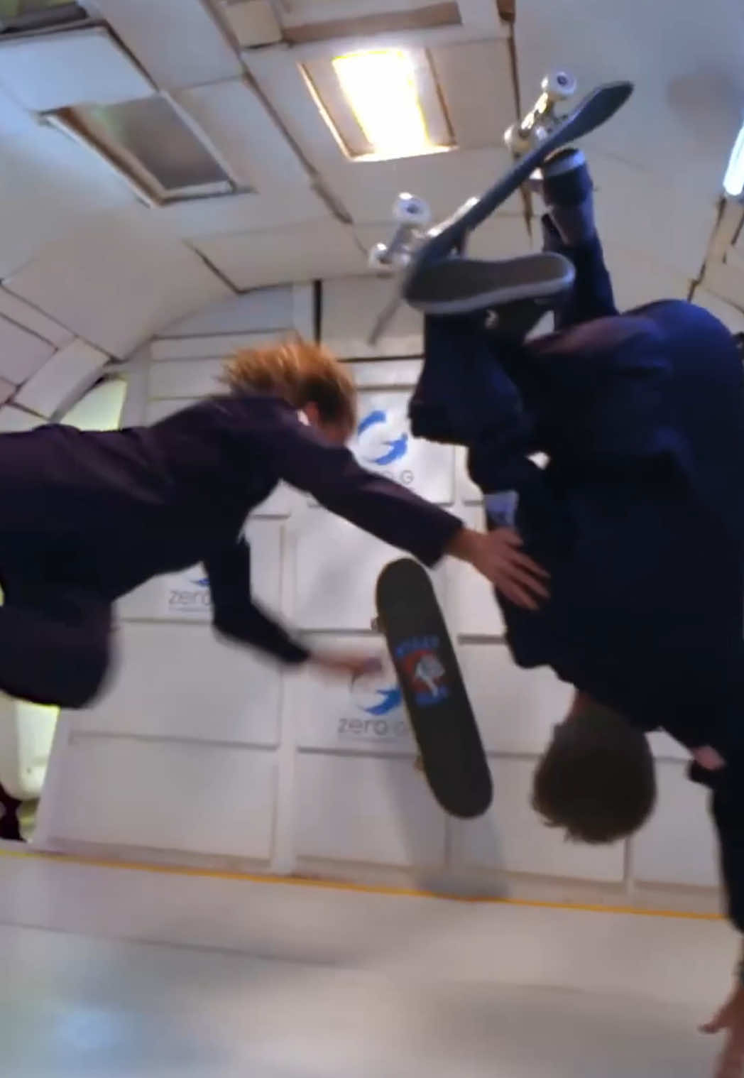 A post by @tonyhawk on TikTok caption: 2017: That time @Aaron Jaws Homoki and I skated in space… without leaving orbit (in an airplane). I did a boneless backflip for the betterment of mankind. And one of us barfed.  🎞️: @Alim Khan 
