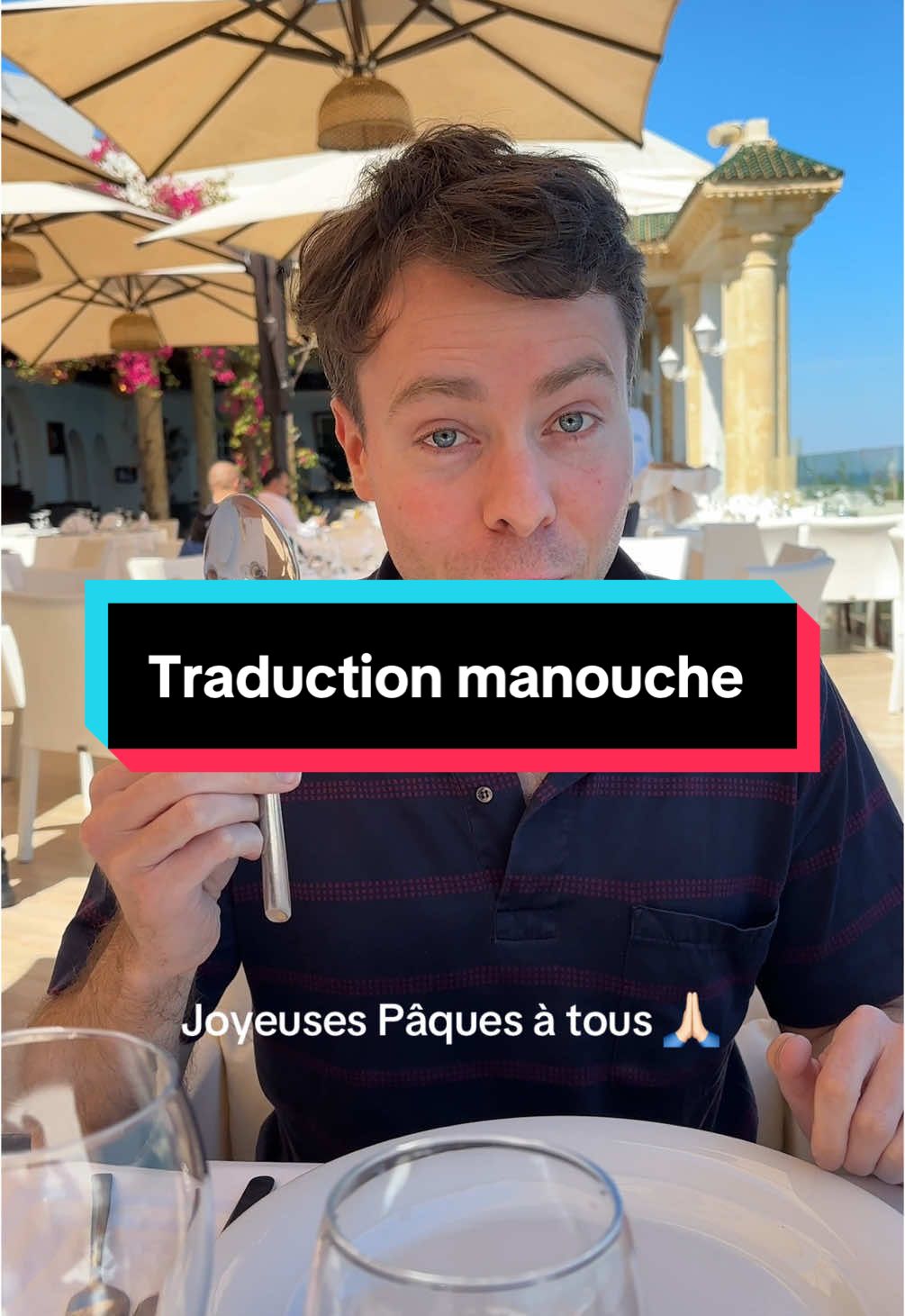 A post by @louisdegouyonmatignon on TikTok caption: Je profite de ce déjeuner pour vous partager de nouveaux mots manouches et vous souhaiter de belles fêtes en famille 💝🐇🍫 #louisdegouyonmatignon #tunis #manouche#gensduvoyage#gitan #traduction #sinto #romani