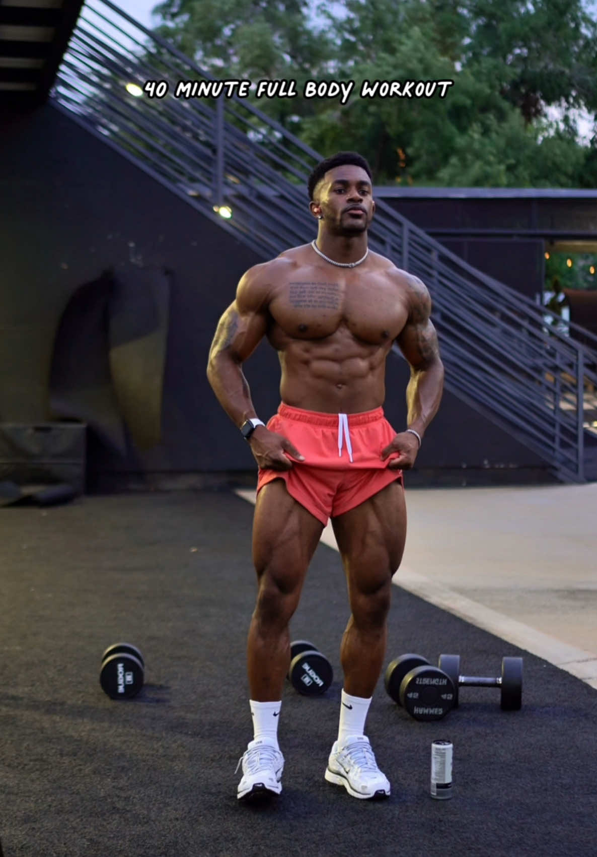 A post by @drayyofficial on TikTok caption: Intense Full Body Dumbbell Workout 🔥 Complete 5 total rounds for best results! #Fitness #fullbodyworkout 