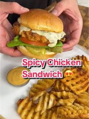 A post by @ice.karimcooks on TikTok caption: Spicy chicken sandwich  and high protein soft serve at HOME 😍 (recipe 👇🏽) made with the @Ninja Kitchen crispi and swirl! #NinjaPartner For the chicken sandwich: 1 lb chicken breast boneless skinless 1/4 cup Pickle juice 1.5 cups Buttermilk 2-3 tbsp any hot sauce  Salt & pepper, to taste 1/2 tsp Chili powder 1 tsp onion powder  1 tsp garlic powder 1/2 tsp cayenne For the dredge: 1 cup Flour  1 cup cornstarch For the sauce: 1/2 cup light mayonnaise 2 tbsp kewpie mayonnaise 1/4 cup honey 2 tablespoons yellow mustard 1/4 cup barbecue sauce 1 tablespoon lemon juice Salt, to taste  Toppings to prep:  Hamburger buns   Butter leaf Lettuce 🥬  Tomatoes (sliced) 🍅  Pickles (the hamburger)  Pepper jack cheese 🧀 For the high protein soft serve: 1.5 cup vanilla protein shake or milk 1 tbsp sugar free vanilla pudding  1/4 cup heavy cream  Optional: 2 tbsp agave nectar for more sweetness Freeze over night,😍 #easyrecipes #ninja #ninjacrispi #ninjaswirl 