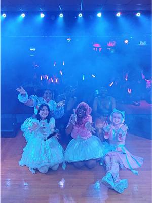 A post by @blooberrytrain on TikTok caption: Thank you for such a successful first ever Kawaii Night Skate! 🩷 The turnout was absolutely amazing. We hope that everyone had as much fun as we did! ✨ @PAiDA @Phoebe 🐝🌸 Fairytale Idol @💖🎵🛼 Melody 🛼🎵💖 #sakuracon #overseasidol #kaigaiidol #jpopidol 
