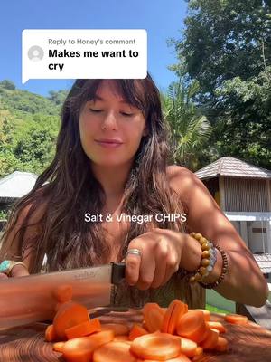 A post by @victoria__benitez on TikTok caption: Replying to @Honey raw sliced carrots + ACV + Olive Oil or Avocado oil + salt. Thank me later. 🧡🥕 #healthysnacks #snacks #chips #recipe 