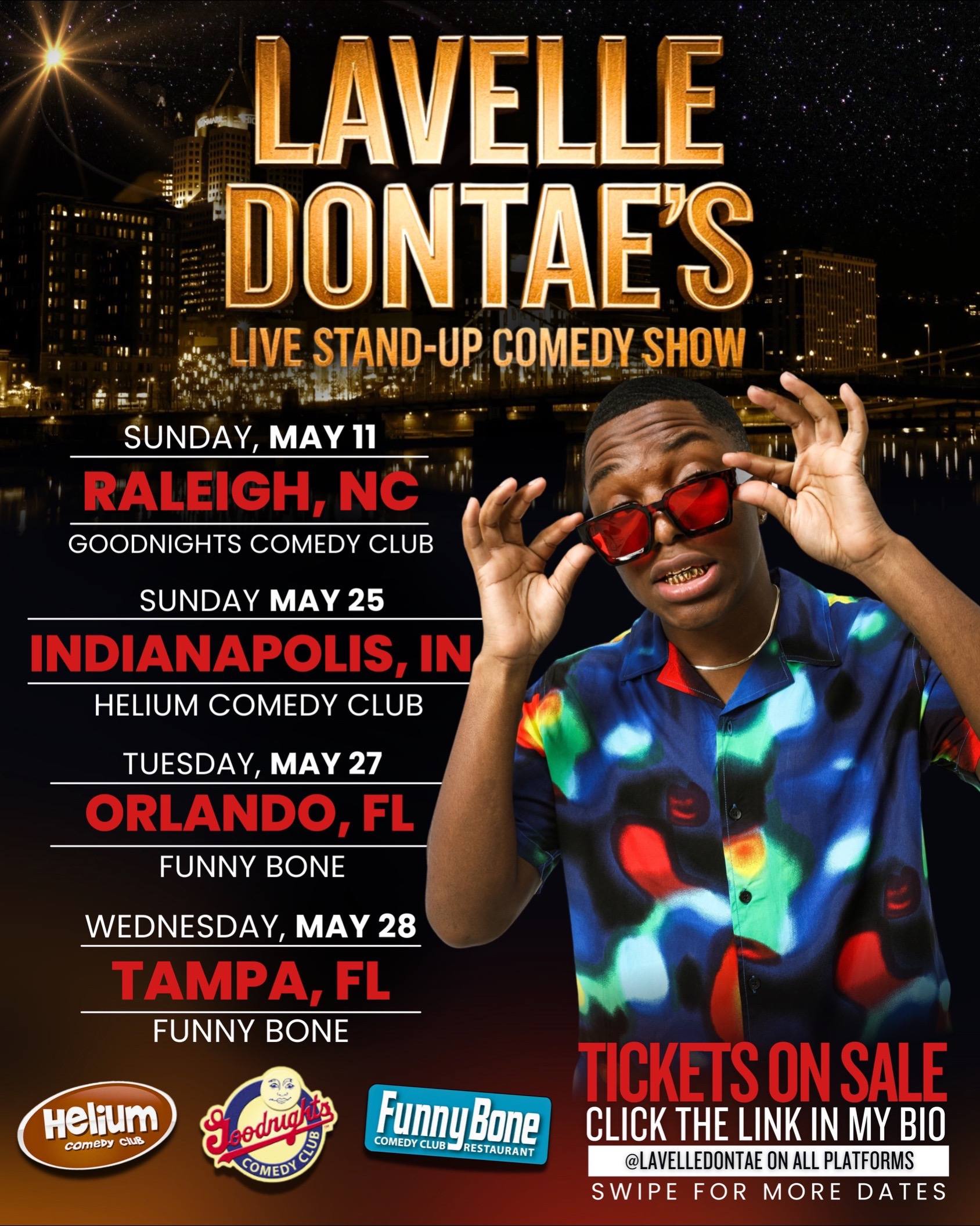 A post by @lavelledontae on TikTok caption: More dates, more shows, more ME! Comment your city below 🤪