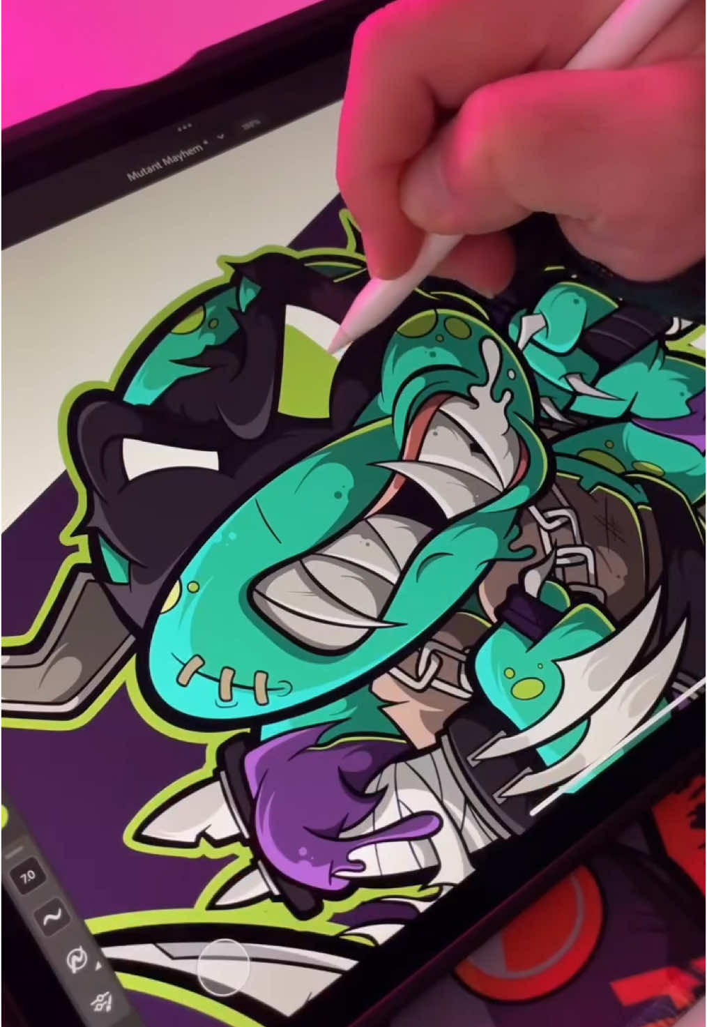 A post by @enoxart on TikTok caption: MUTANT MAYHEM COUNTDOWN BEGINS 🐢💥 ⏳ Drop Time: APRIL 25 – 12AM NZST 📍 Live on artwear.space & @enoxart From the underground to the surface — chaos runs in the bloodstream. Brotherhood built in the sewers, sharpened in battle ⚔️  Only the fastest mutants survive. All-over screen printing by Tobi Garment #thisisnotatshirt #tobigarment #wearableart #artwear #mutantmayhem #tmnt #screenprinting #enoxart