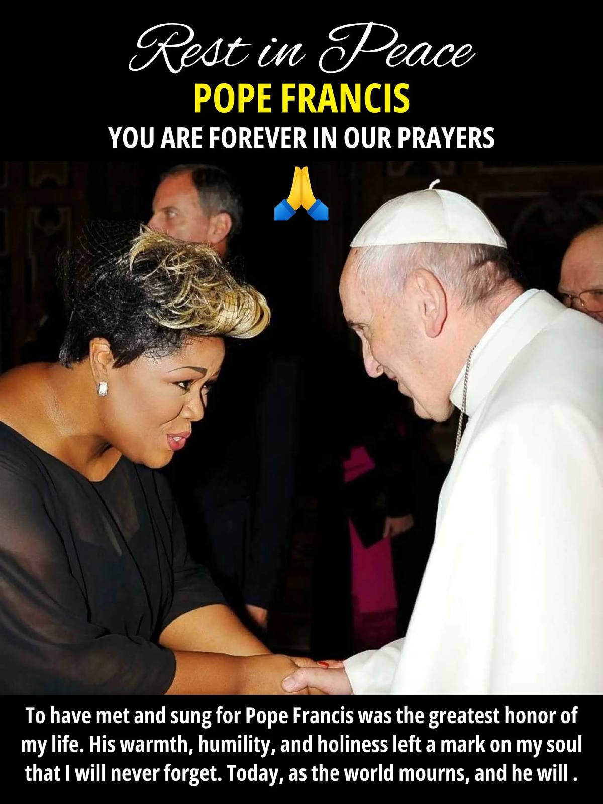 A post by @cherylporterdiva on TikTok caption: This moment will live in my heart forever. ❤️ To have met and sung for #popefrancis was the greatest honor of my life. His warmth, humility, and holiness left a mark on my soul that I will never forget. Today, as the world mourns, my heart is heavy. Heaven has gained a true shepherd. Rest in peace, Pope Francesco—you are forever in our prayers. 🙏 #PopeFrancis #PopeFrancesco #RestInPeace #Vatican #SpiritualJourney #Faith #Honored #Gratitude #HeavenGainedAnAngel #CatholicChurch #LegacyOfLove #InMemoriam
