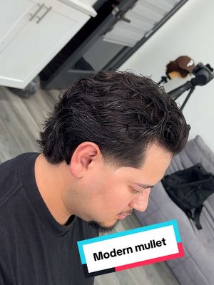 A post by @ivanthegreat86 on TikTok caption: Low burst fade or taper fade ? Which one goes better with the modern mullet. #dallasbarber #menshairstyle #Texasbarber #curlyhairstyles #wavyhair 