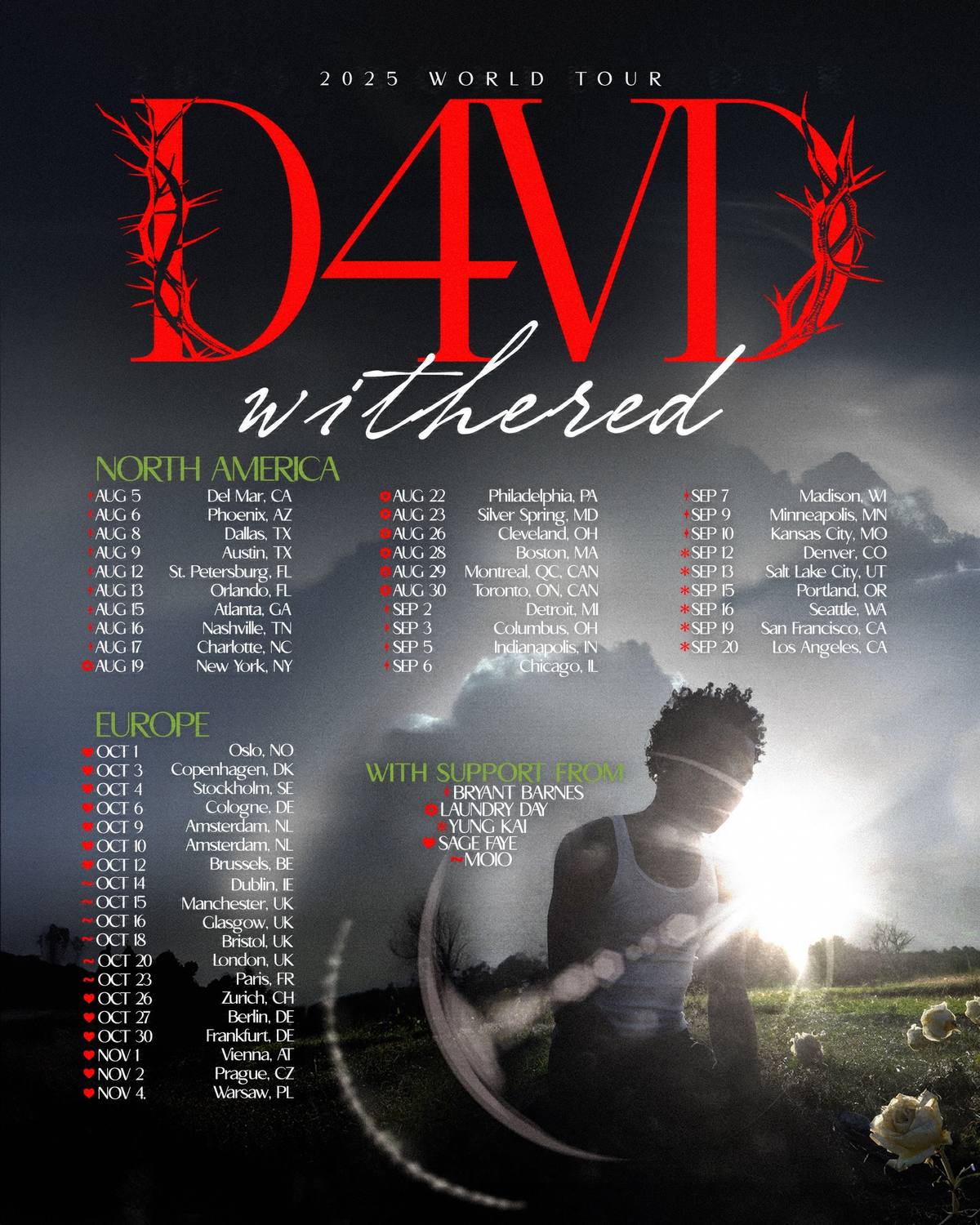 A post by @d4vdd on TikTok caption: TICKETS IN MY BIO!!! WHAT CITY ARE YOU IN?? 😫 #d4vd #invincible 