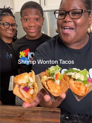 A post by @its_sogood on TikTok caption: Asian Shrimp Wonton Tacos  To read more of Kyle and Devon’s story pls check the link in my bio! And for catering needs across the Atlanta, Ga area check out @ausomecreations !  1 lb large shrimp 1 tsp sesame oil 2 tsp soy sauce  1 tsp ground ginger  1 tsp garlic powder  Black pepper  1 bag Asian salad mix *use the the sauce in the bag plus a little bit of sweet chili sauce  1 pkg wonton wrappers  Oil for frying  #foodtiktok #EasyRecipes #fyp #🧩 #autismawareness  #asiancuisine 