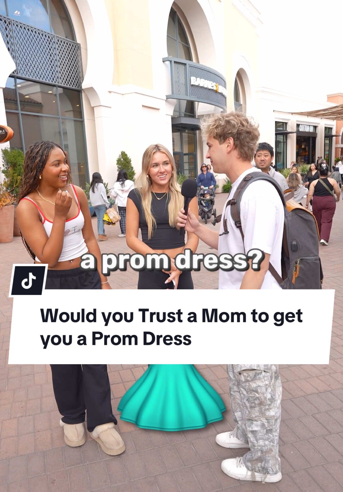 A post by @johnrusanov on TikTok caption: Would you trust a random mom to pick you out a prom dress? #irvinespectrum #manonthestreet #streetinterview 