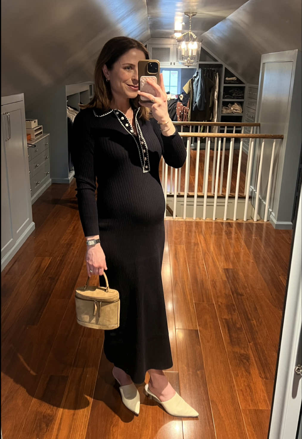 A post by @kellymccoyd on TikTok caption: Outfit of the night! Details linked in my Shopmy ❤️ Dress @Sézane Shoes @Dolce Vita Footwear Bag @PARIS/64 #bumpstyle #bumpfit #pregnancystyle #springstyle #springoutfit #classicstyle #knitdress #sezanelovers #springoutfitinspo #timelessstyle 