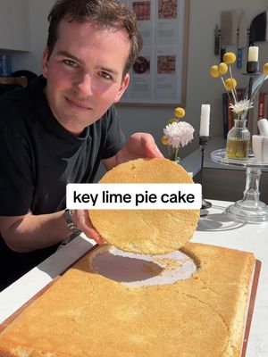 A post by @ryannordheimer on TikTok caption: key lime bday cake pt. 1 🏝 RECIPE COMPONENTS  sesame vanilla cake layers 🍰 1. Mix 6 egg yolks with 6 tbsp tahini, 1.5 cups sugar, 1/2 cup water, 1/2 cup neutral oil, 2 tsp vanilla. 2. Fold in 4 tsp baking powder, 1/2 tsp kosher salt, 1 3/4 cup all-purpose flour (220g). Set aside.  3. Whip 6 egg whites with 1/4 tsp kosher salt and stream in 1/2 cup sugar. Whip until stiff peaks form. Fold into batter.  4. Split batter into 2 parchment lined and greased baking sheets. Bake for about 18 minutes at 350F. Let cool.  key lime pie mousse 🌴 1. Whip 3 egg yolks with 1/4 cup granulated sugar over a double boiler until warm to the touch. Whip with an electric mixer until ribbony and light. Beat in 2 sheets of silver gelatin that were soaked in ice water. Beat in 4 oz @phillycreamchs cream cheese, 1 can of condensed milk, 1/4 cup lime juice, 1/2 tsp salt. 2. In a separate large bowl, beat 1.5 cups heavy cream until it holds stiff peaks. Add cream cheese mixture and beat until stiff peaks hold. Refrigerate. graham cracker butter 🥧 1. Process in a food processor one box of @honeymaidsnacks graham crackers with 6 tbsp melted butter, 1 tsp kosher salt, and 6-8 tbsp water to make a paste.  black lime cake soak 🖤 1. Microwave 2/3 cup lime juice with 2/3 cup sugar and 1 tsp black lime powder for 30 seconds. Stir to dissolve.  . . . #recipe #viral #layercake #aesthetic #funfetti #cookbook #layercake #newyorkfood #cake #nyc #newyork #creamcheese #nytcooking #cookies #nycfoodie #nycfoodblogger #nycfood #keylime #eastvillage #grahamcrackers #frosting #cheesecake #milkbar #keylimepie #mousse #cakegate
