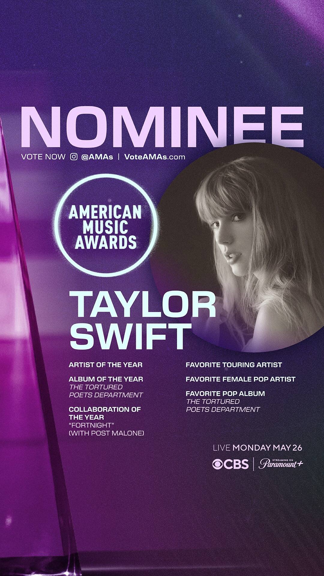 A post by @taylornation on TikTok caption: Baby, she’s the one to beat! Vote daily for the Chairman at VoteAMAs.com, and tune in Monday, May 26 at 8pm ET | 5pm PT on @CBS and @Paramount+! #AMAs 🏆 Artist of the Year 🏆 Album of the Year (THE TORTURED POETS DEPARTMENT) 🏆 Collaboration of the Year (Fortnight feat. @Post Malone) 🏆 Favorite Touring Artist 🏆 Favorite Female Pop Artist 🏆 Favorite Pop Album (THE TORTURED POETS DEPARTMENT)