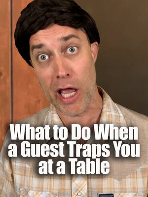 A post by @drew_talbert on TikTok caption: These are the skills they don't teach you when you're in training (co-write w/ @andrea.kelley) #bistrohuddy #serverskillz #restaurantlife #dadjokesforlife